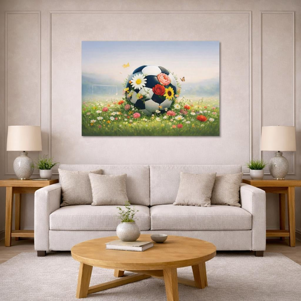 Floral Soccer shown as canvas wall art in a modern living room
