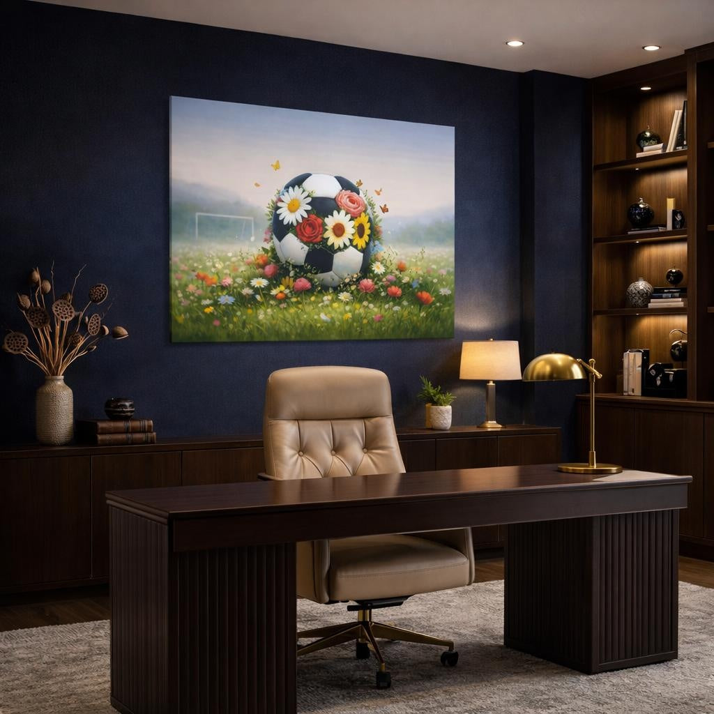 Floral Soccer shown as canvas wall art in a refined dining room