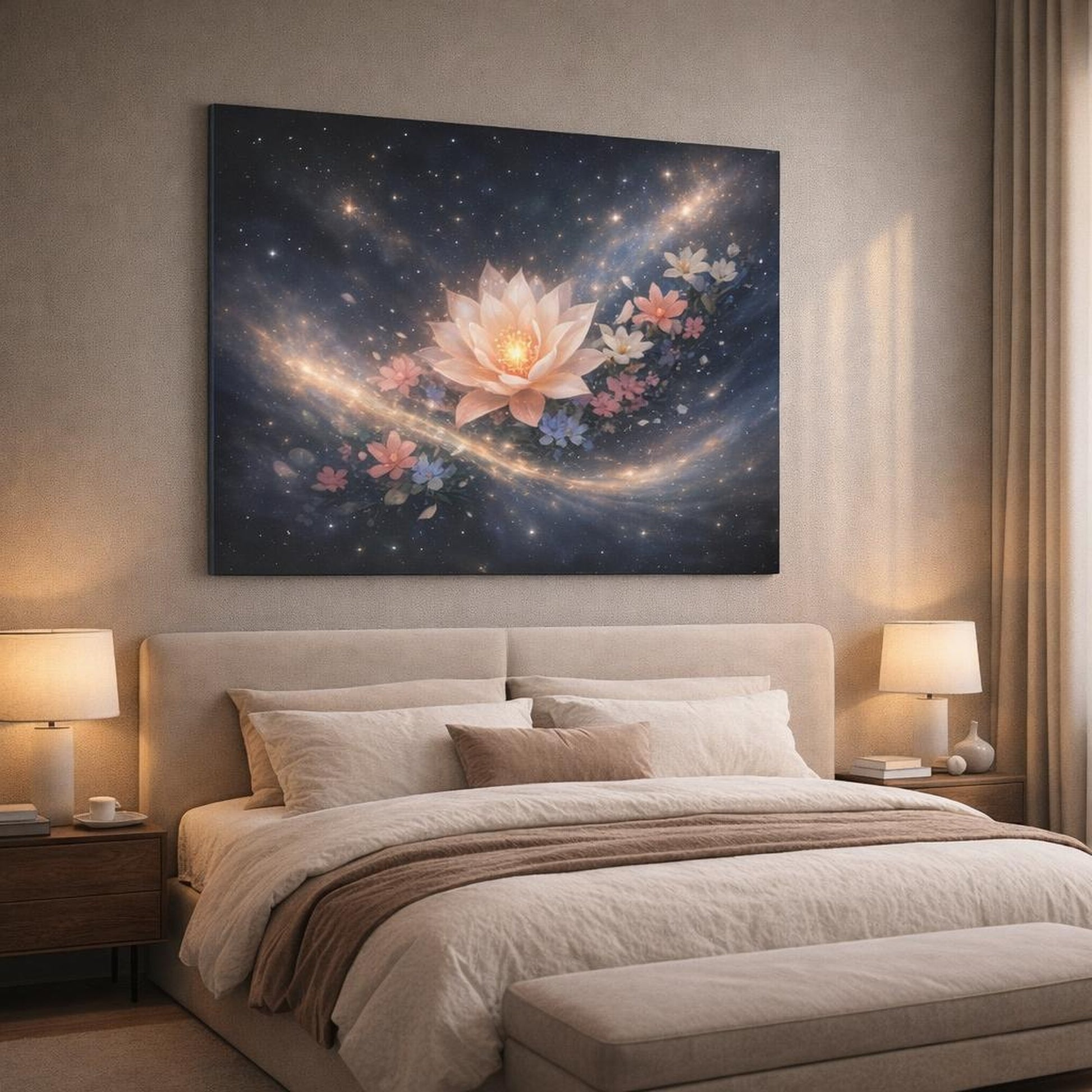 Floral Space Art shown as canvas wall art in a luxury bedroom