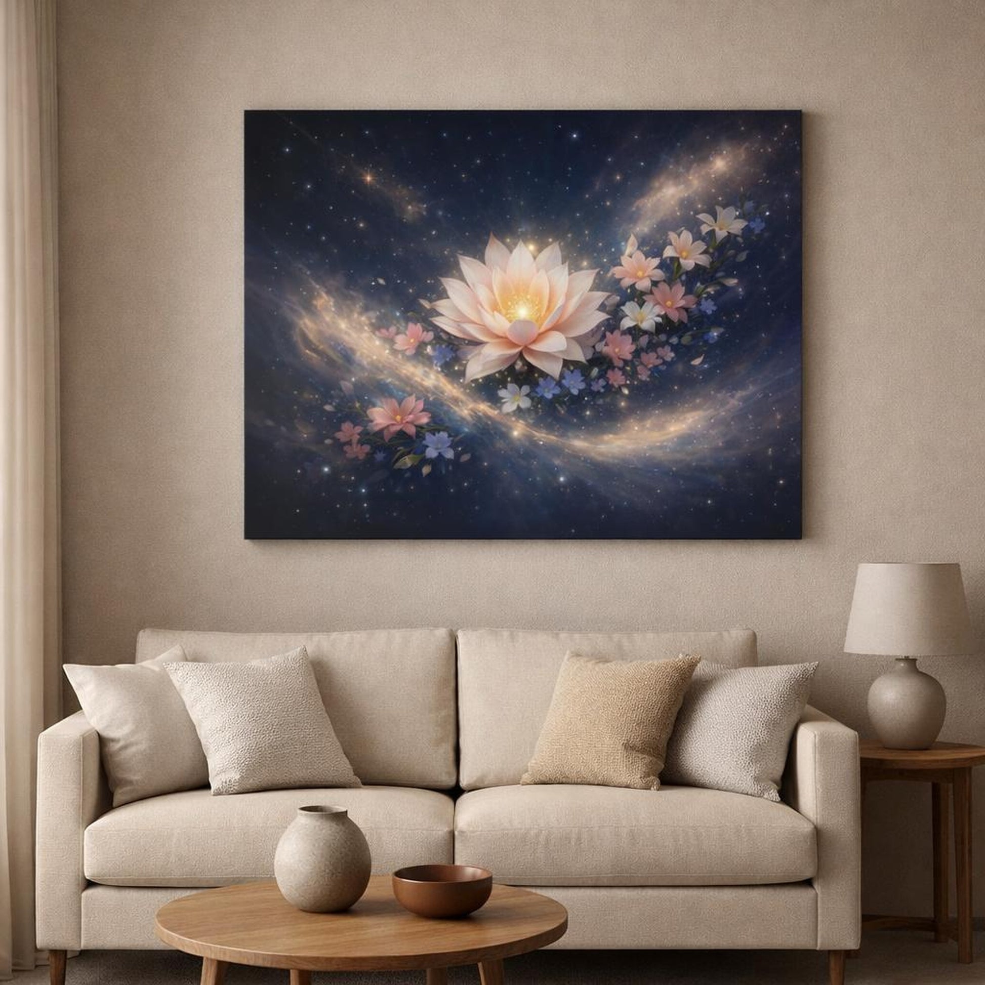 Floral Space Art shown as canvas wall art in a modern living room