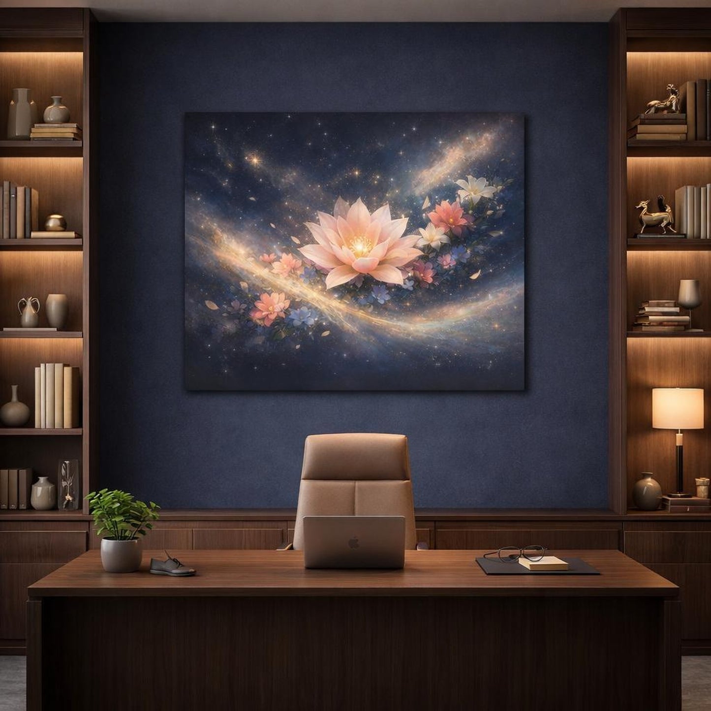 Floral Space Art shown as canvas wall art in a refined dining room