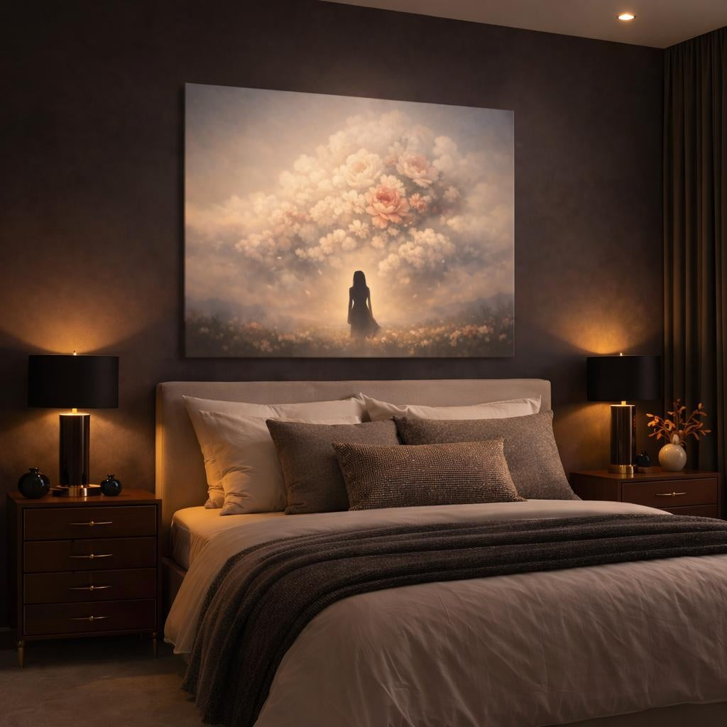 Floral Storm Clouds shown as canvas wall art in a luxury bedroom