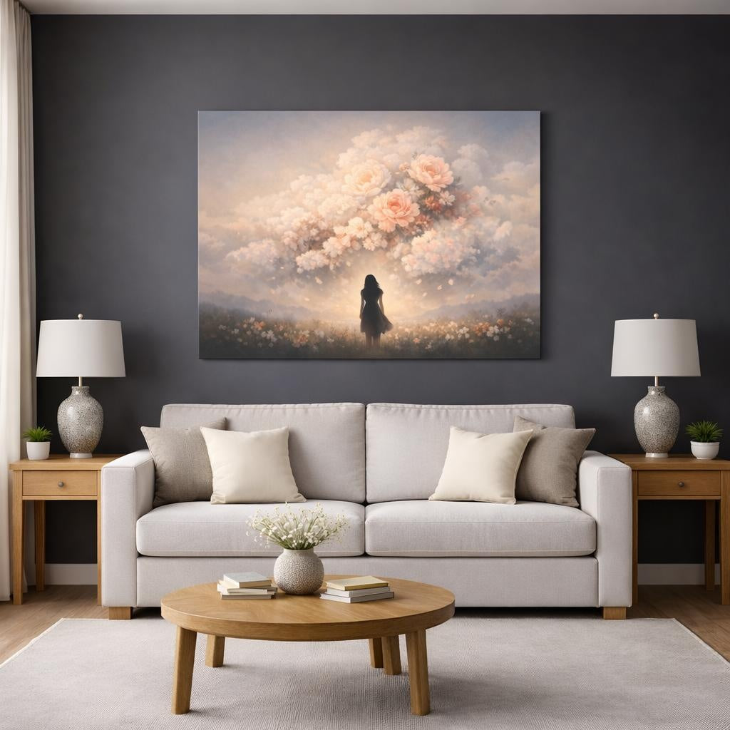 Floral Storm Clouds shown as canvas wall art in a modern living room