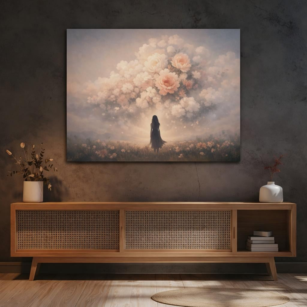 Floral Storm Clouds shown as canvas wall art in a refined dining room