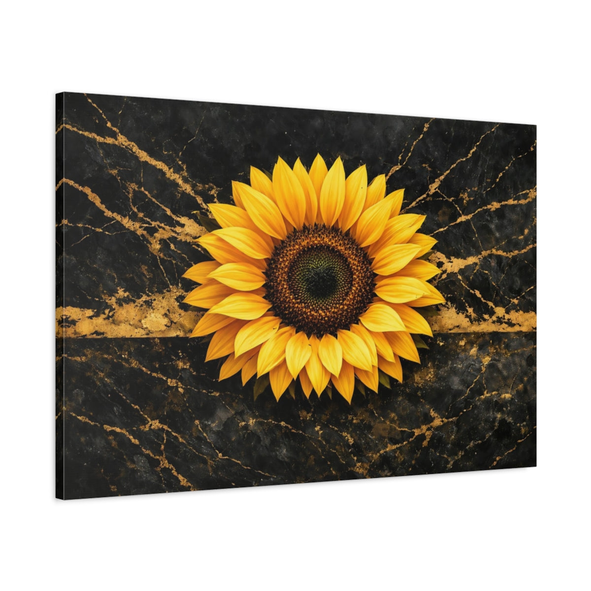 Side Mockup 1. Floral Sunflower Black And Gold Sunflower shown as stretched canvas wall art