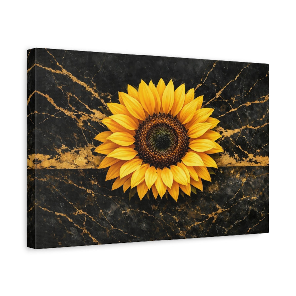 Side Mockup 4. Floral Sunflower Black And Gold Sunflower shown as stretched canvas wall art