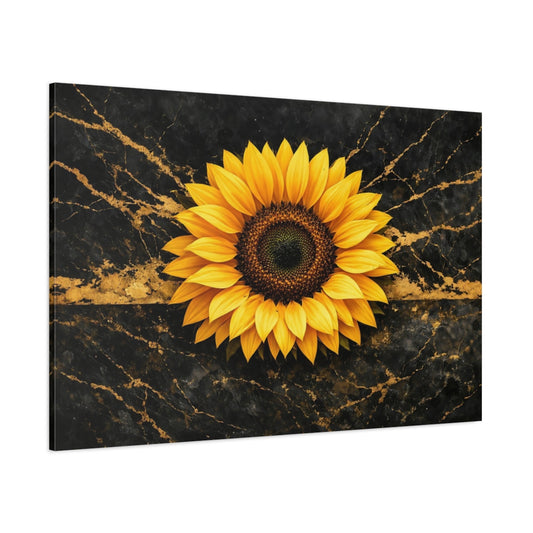 Main Mockup. Floral Sunflower Black And Gold Sunflower shown as stretched canvas wall art