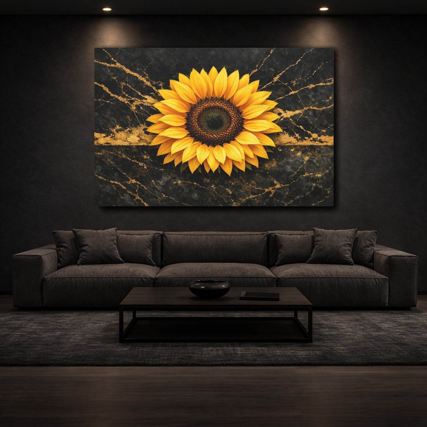Mockup 2. Floral Sunflower Black And Gold Sunflower shown as stretched canvas wall art