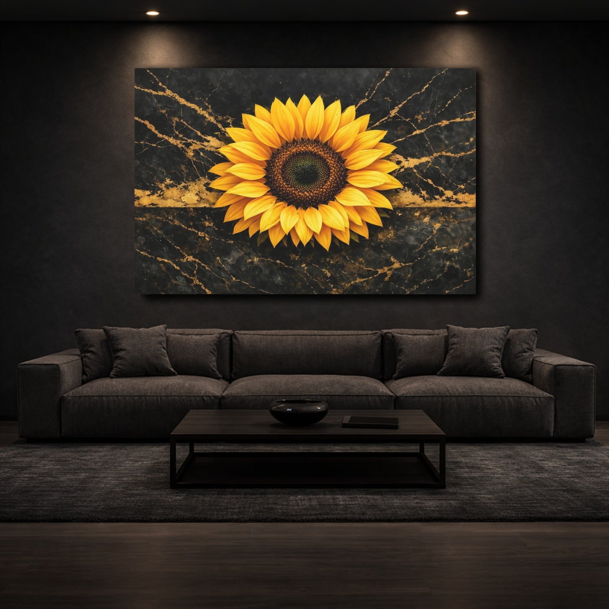 Mockup 2. Floral Sunflower Black And Gold Sunflower shown as stretched canvas wall art