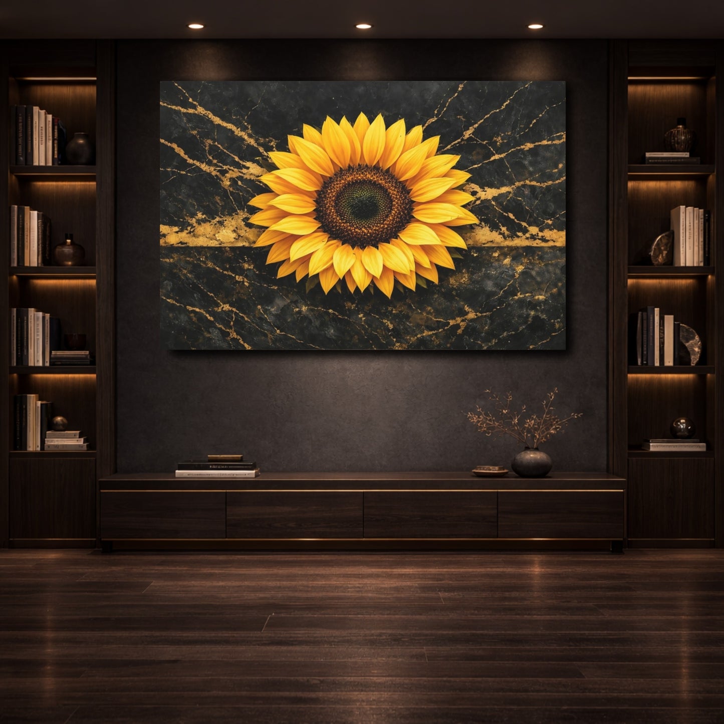 Mockup 3. Floral Sunflower Black And Gold Sunflower shown as stretched canvas wall art