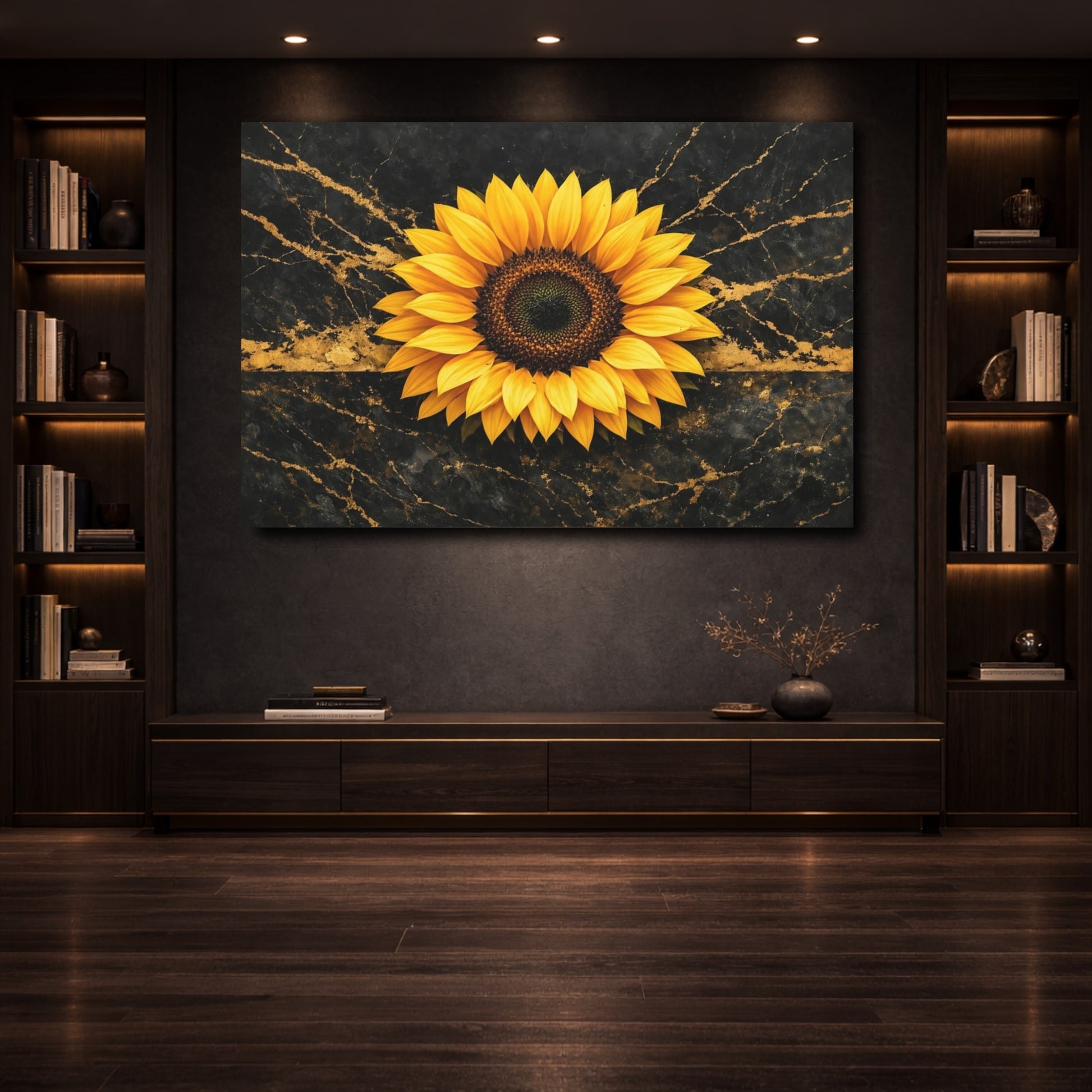 Mockup 3. Floral Sunflower Black And Gold Sunflower shown as stretched canvas wall art