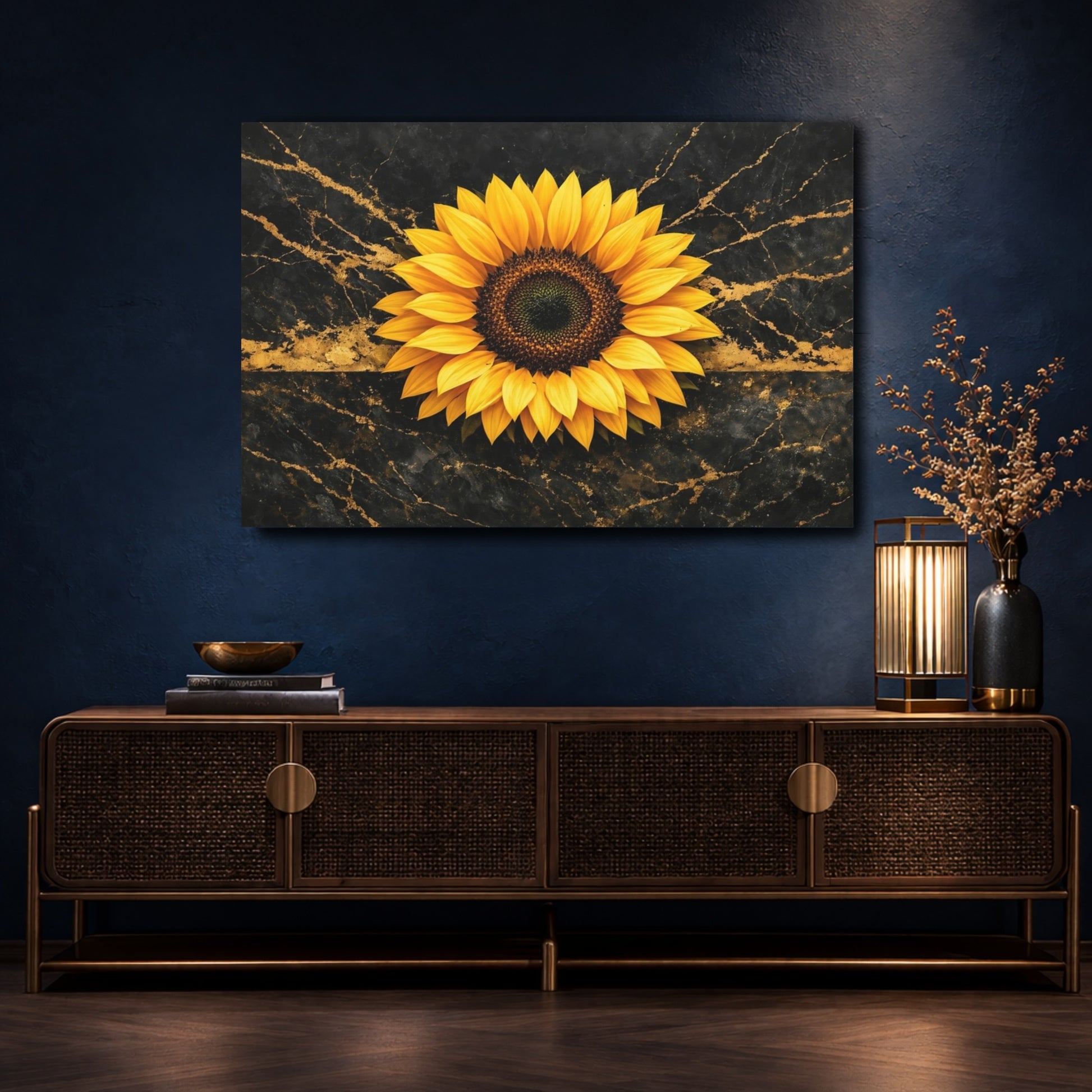 Mockup 4. Floral Sunflower Black And Gold Sunflower shown as stretched canvas wall art