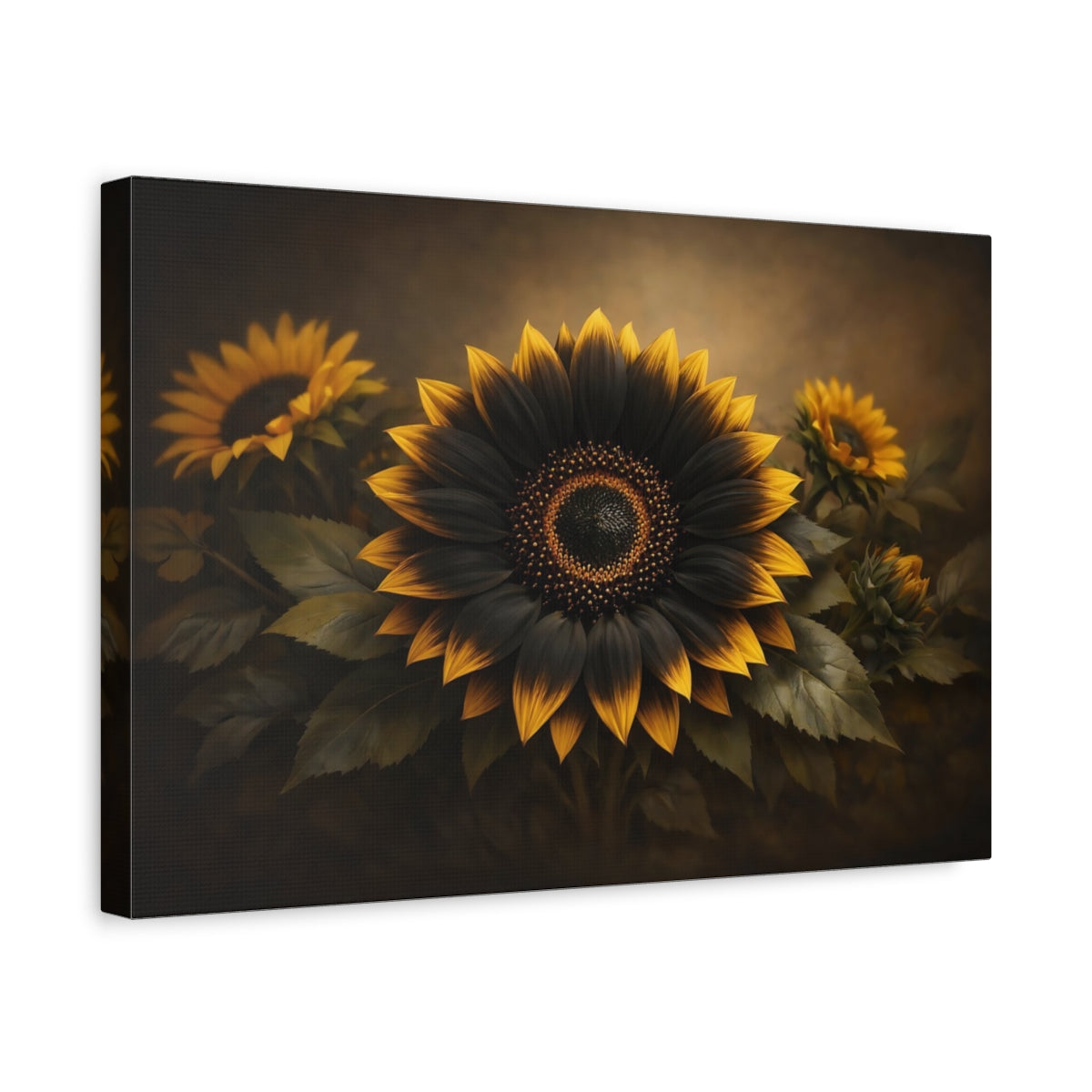 Side Mockup 4. Floral Sunflower Black Gold Floral shown as stretched canvas wall art
