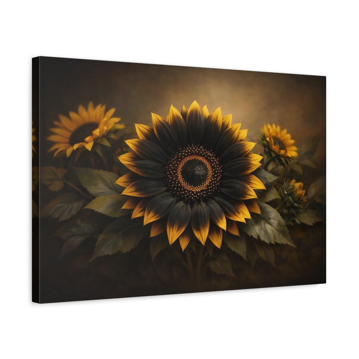 Side Mockup 3. Floral Sunflower Black Gold Floral shown as stretched canvas wall art