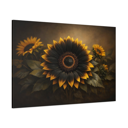 Main Mockup. Floral Sunflower Black Gold Floral shown as stretched canvas wall art