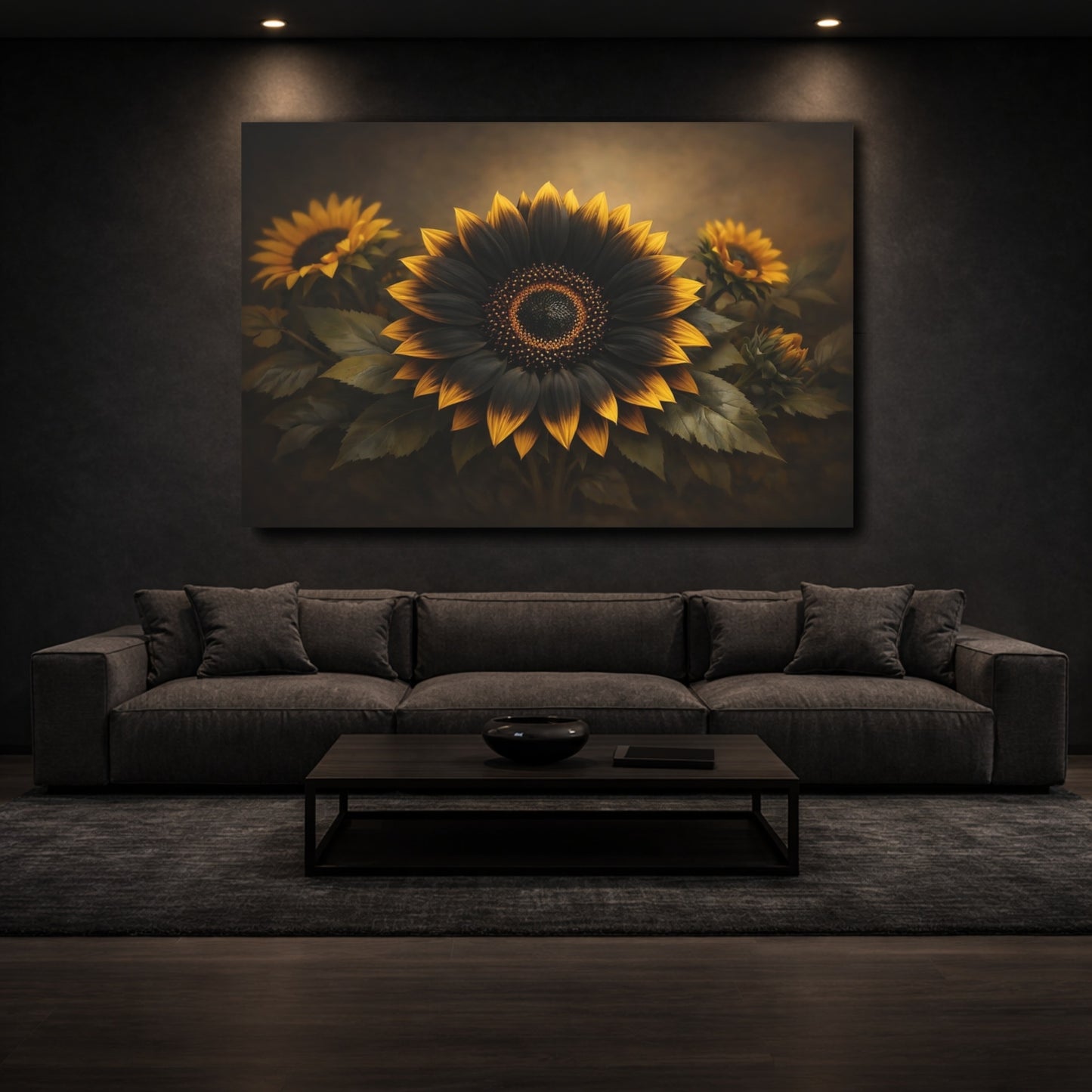 Mockup 2. Floral Sunflower Black Gold Floral shown as stretched canvas wall art