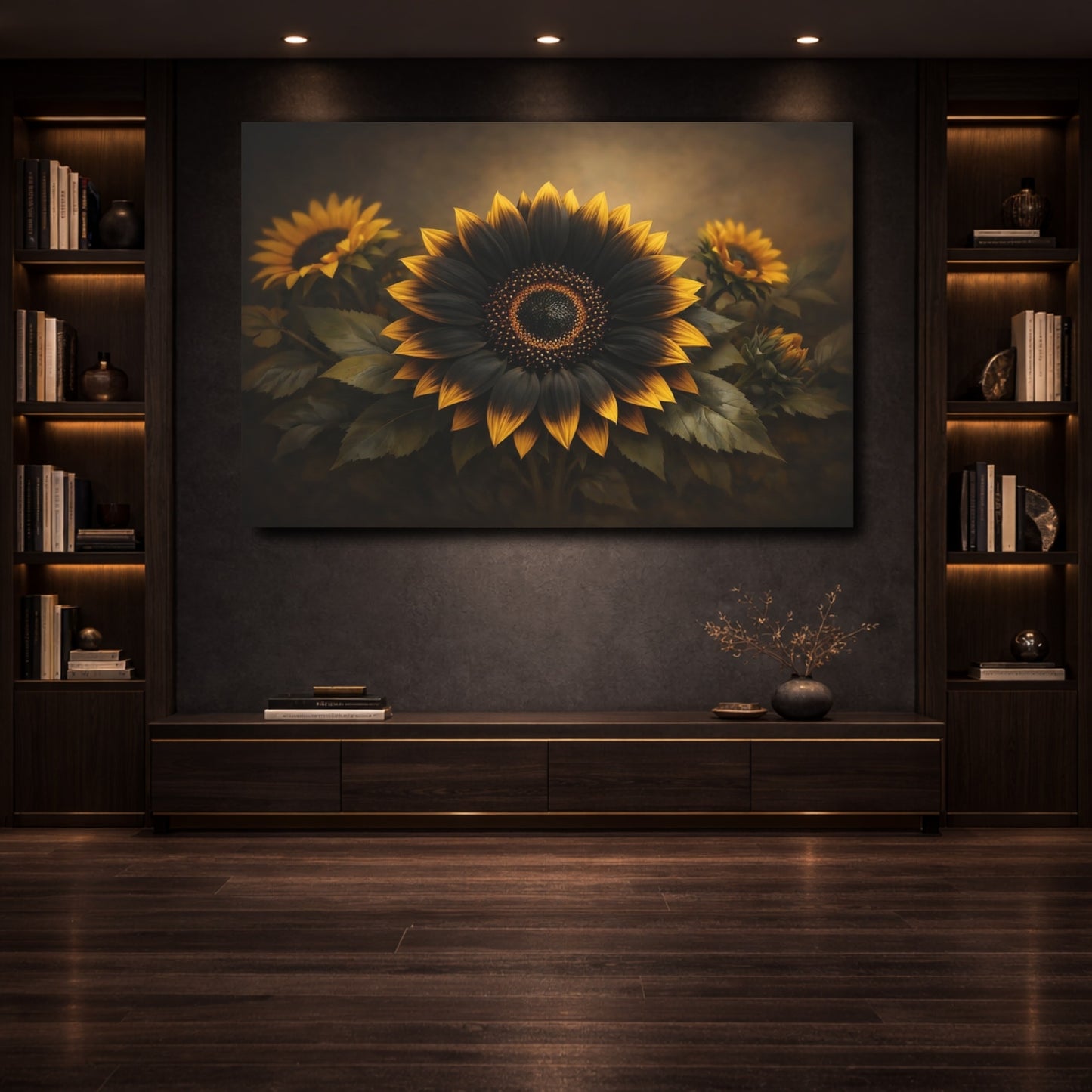 Mockup 3. Floral Sunflower Black Gold Floral shown as stretched canvas wall art