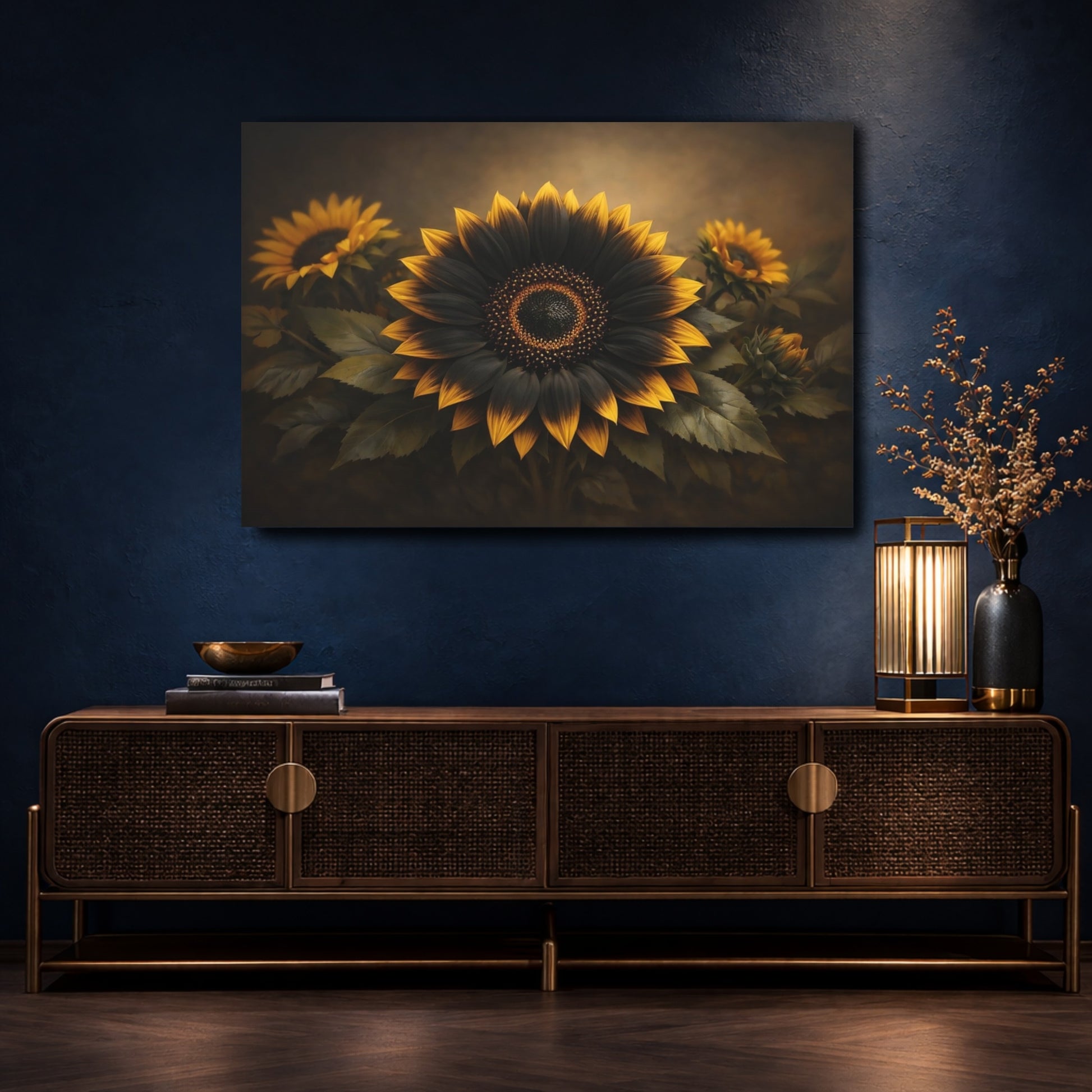 Mockup 4. Floral Sunflower Black Gold Floral shown as stretched canvas wall art