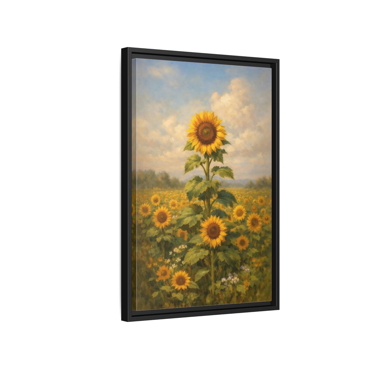 Side Mockup 3. Floral Sunflower Field Sunflower Field shown as stretched canvas wall art
