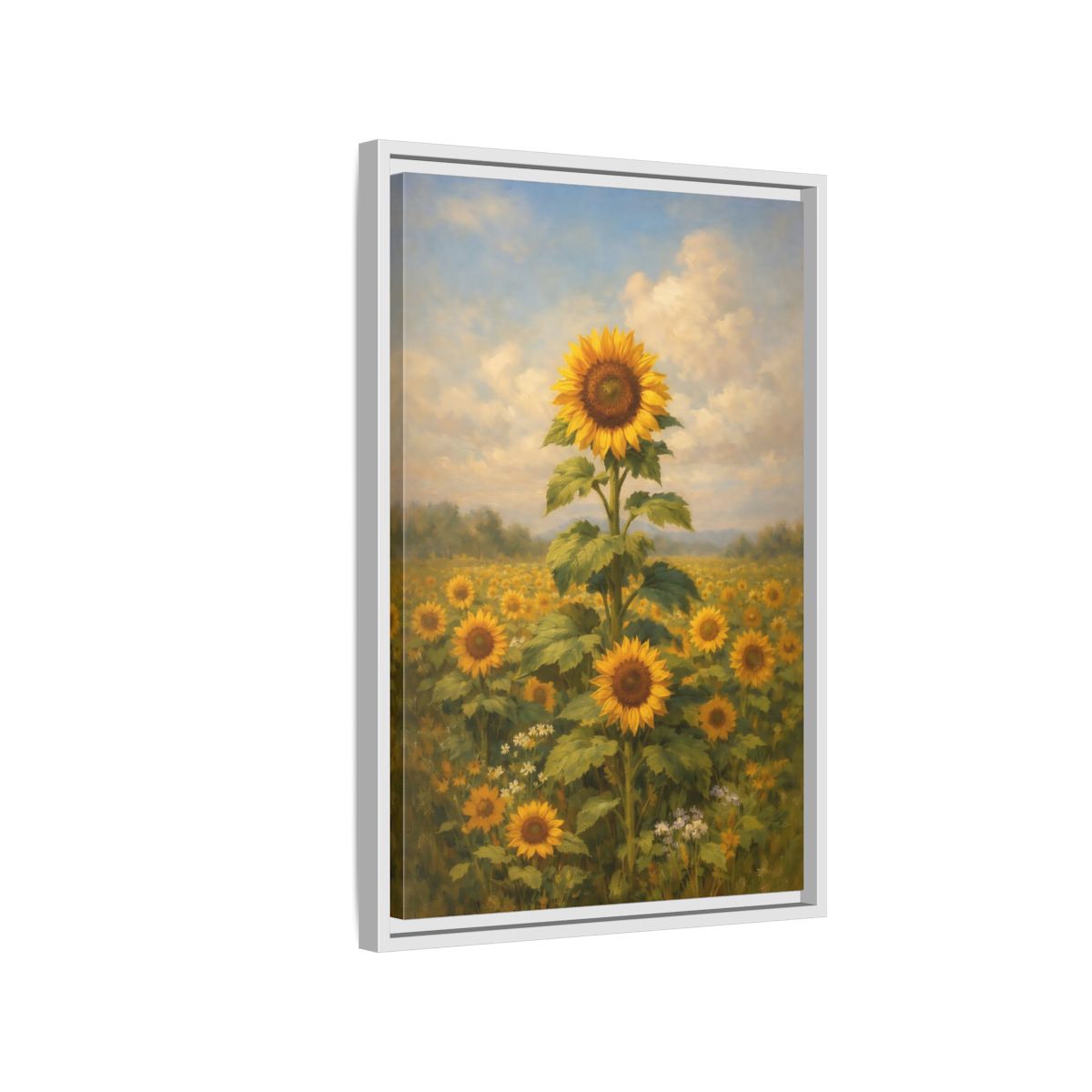 Side Mockup 1. Floral Sunflower Field Sunflower Field shown as stretched canvas wall art