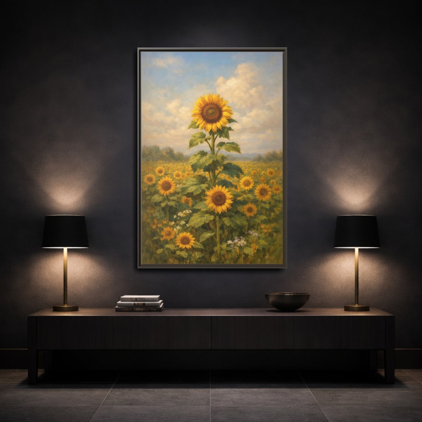 Mockup 2. Floral Sunflower Field Sunflower Field shown as stretched canvas wall art