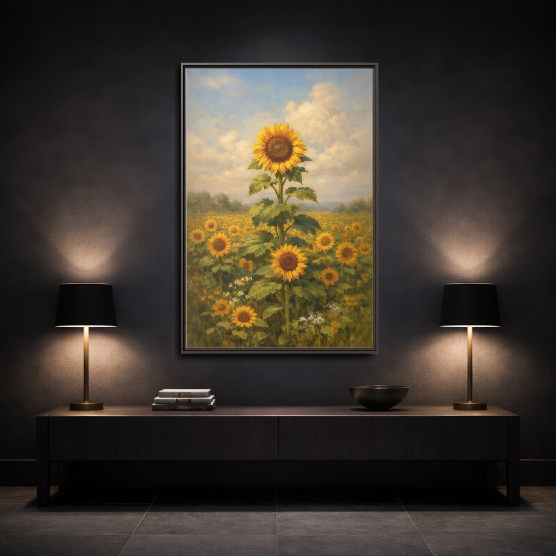 Mockup 2. Floral Sunflower Field Sunflower Field shown as stretched canvas wall art