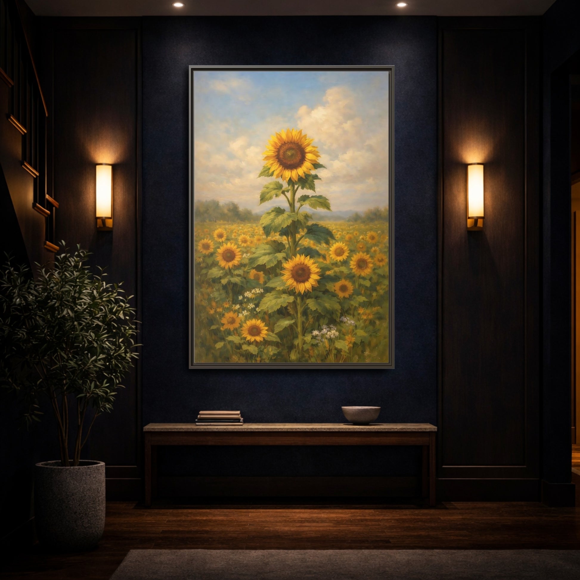 Mockup 3. Floral Sunflower Field Sunflower Field shown as stretched canvas wall art