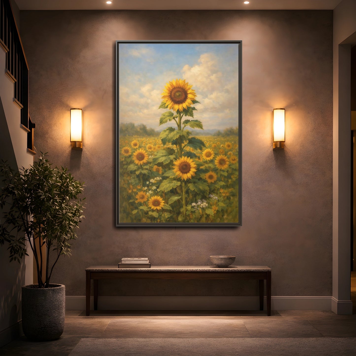 Mockup 4. Floral Sunflower Field Sunflower Field shown as stretched canvas wall art