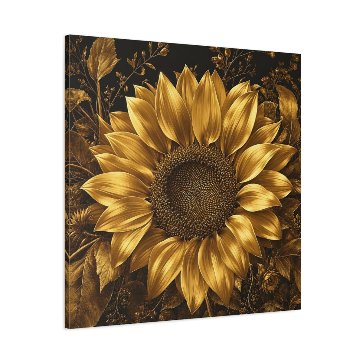 Main Mockup. Floral Sunflower Gold And Black shown as stretched canvas wall art