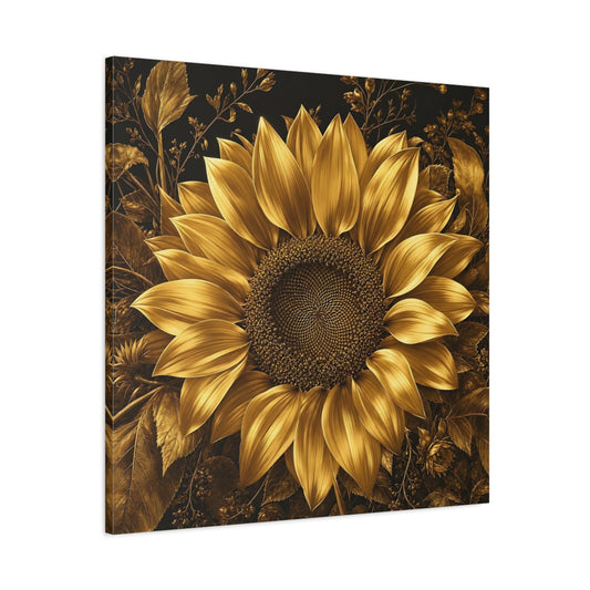 Main Mockup. Floral Sunflower Gold And Black shown as stretched canvas wall art