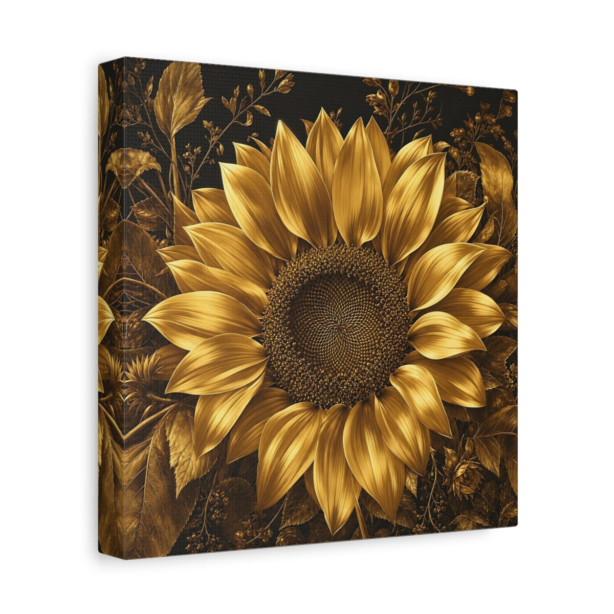 Side Mockup 9. Floral Sunflower Gold And Black shown as stretched canvas wall art