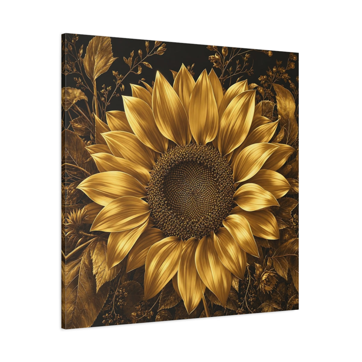 Side Mockup 1. Floral Sunflower Gold And Black shown as stretched canvas wall art