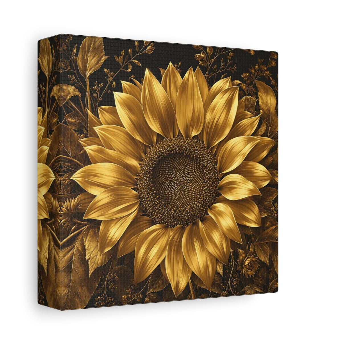 Side Mockup 2. Floral Sunflower Gold And Black shown as stretched canvas wall art