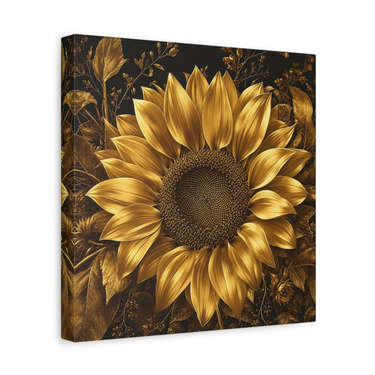 Side Mockup 8. Floral Sunflower Gold And Black shown as stretched canvas wall art