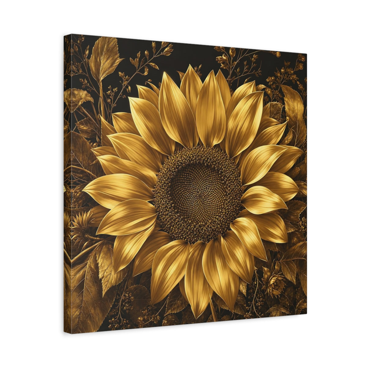 Side Mockup 5. Floral Sunflower Gold And Black shown as stretched canvas wall art