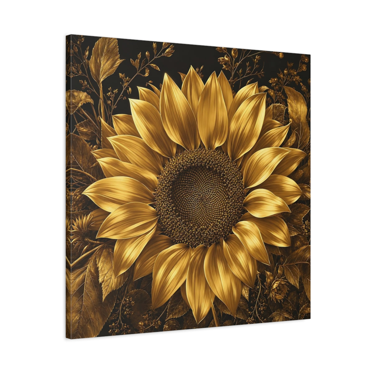 Side Mockup 3. Floral Sunflower Gold And Black shown as stretched canvas wall art