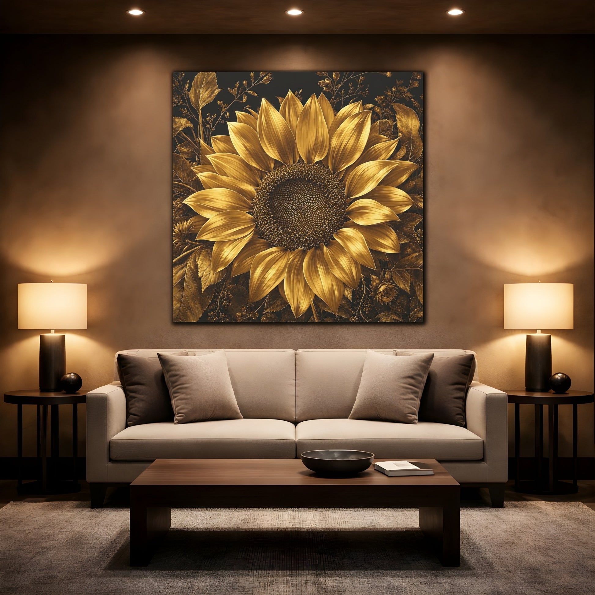 Mockup 2. Floral Sunflower Gold And Black shown as stretched canvas wall art
