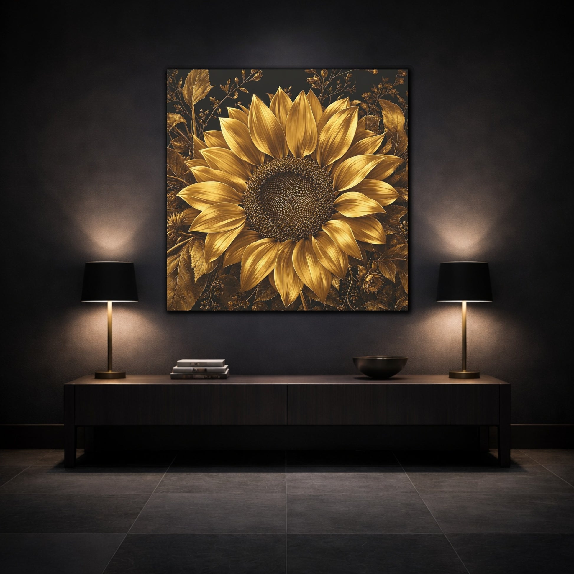 Mockup 3. Floral Sunflower Gold And Black shown as stretched canvas wall art