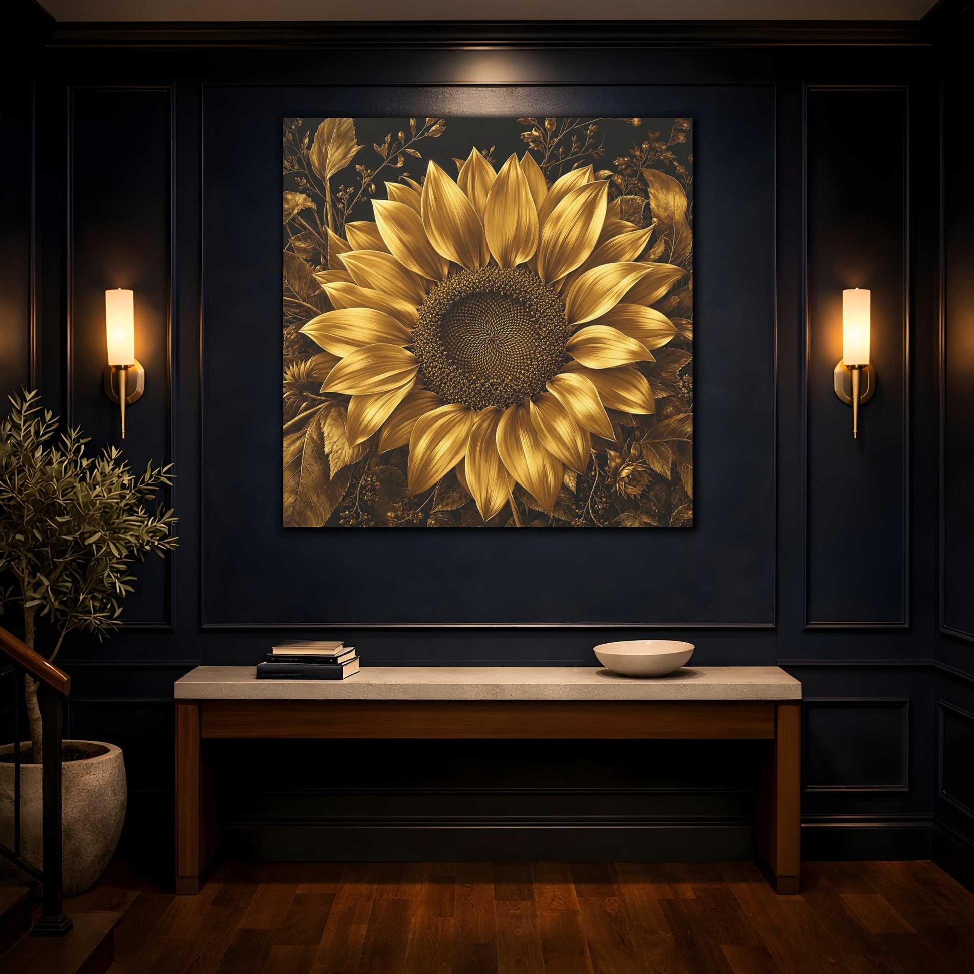 Mockup 4. Floral Sunflower Gold And Black shown as stretched canvas wall art