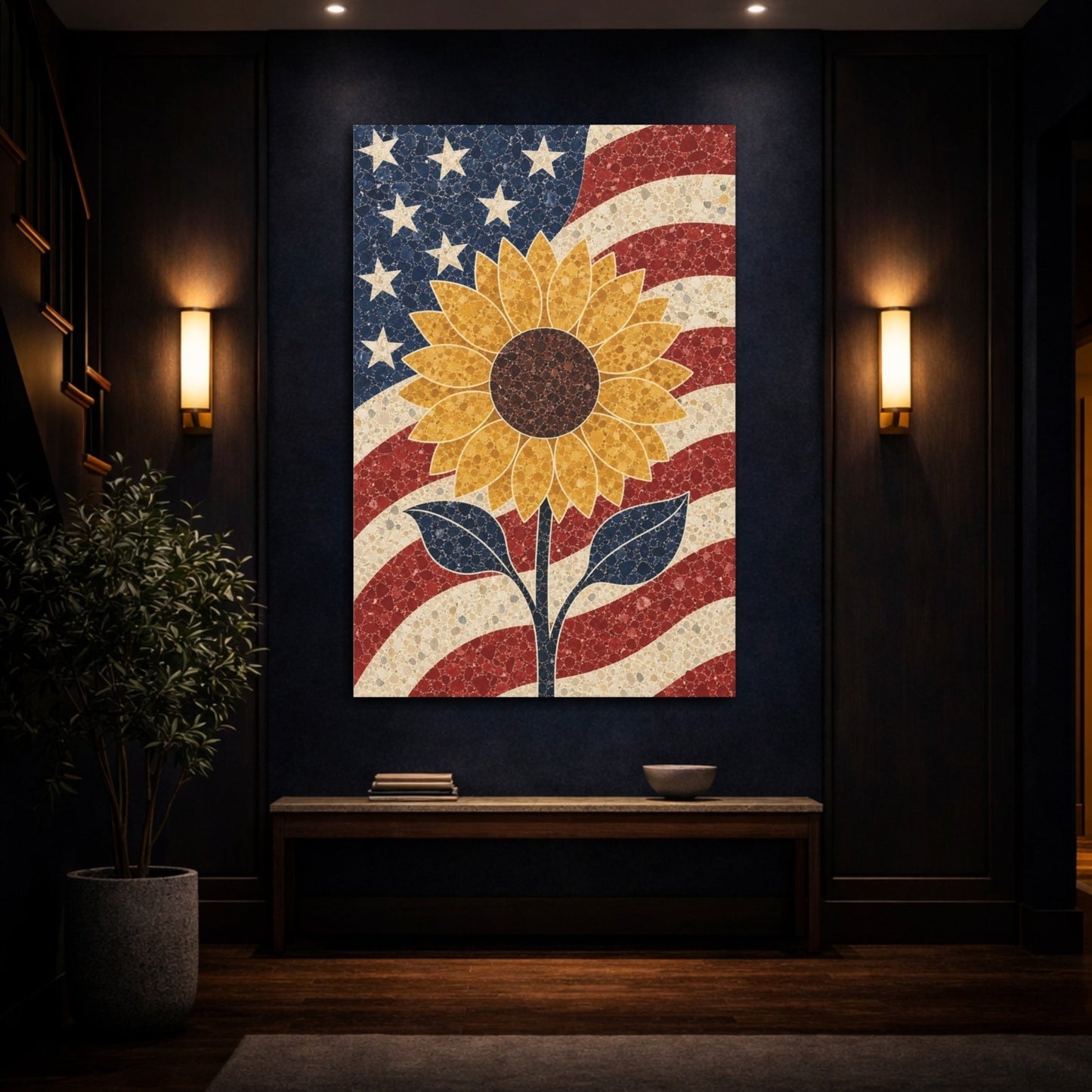Floral Sunflower Patriotic Canvas Print – Living Room, Above Console Table - YesArtYes
