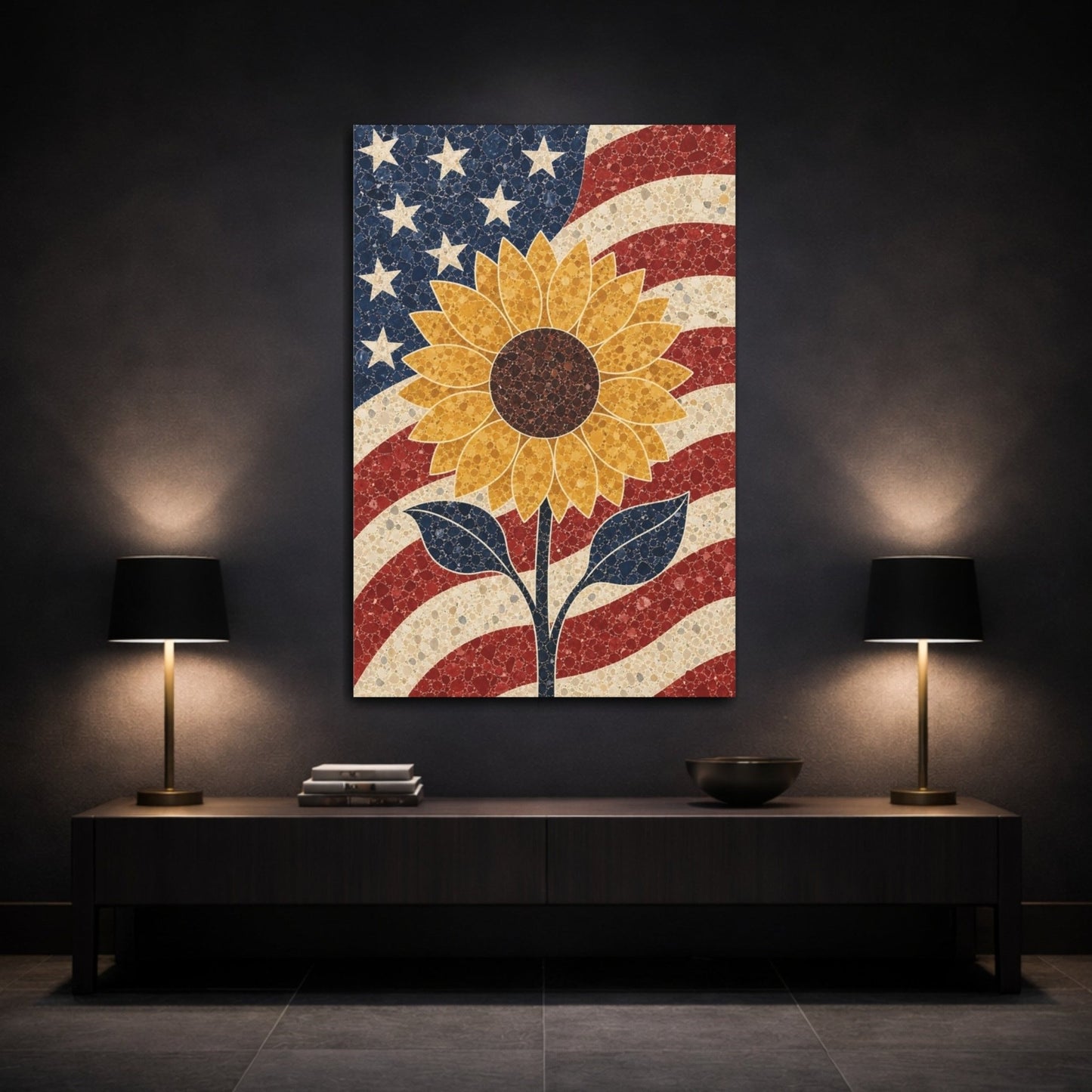 Floral Sunflower Patriotic Canvas Print – Living Room, Above Console Table - YesArtYes