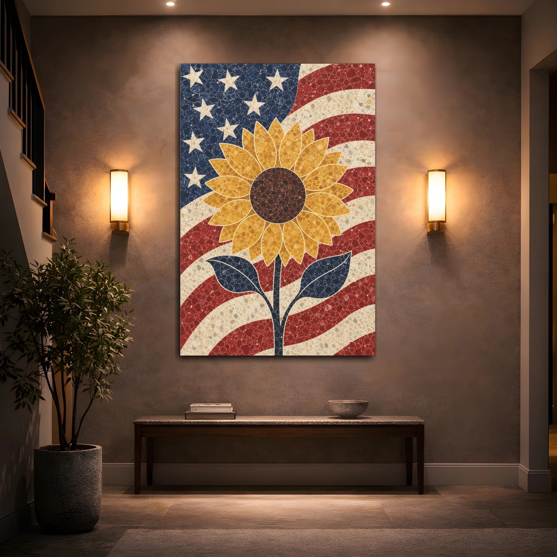 Mockup 2. Floral Sunflower Patriotic Sunflower shown as stretched canvas wall art
