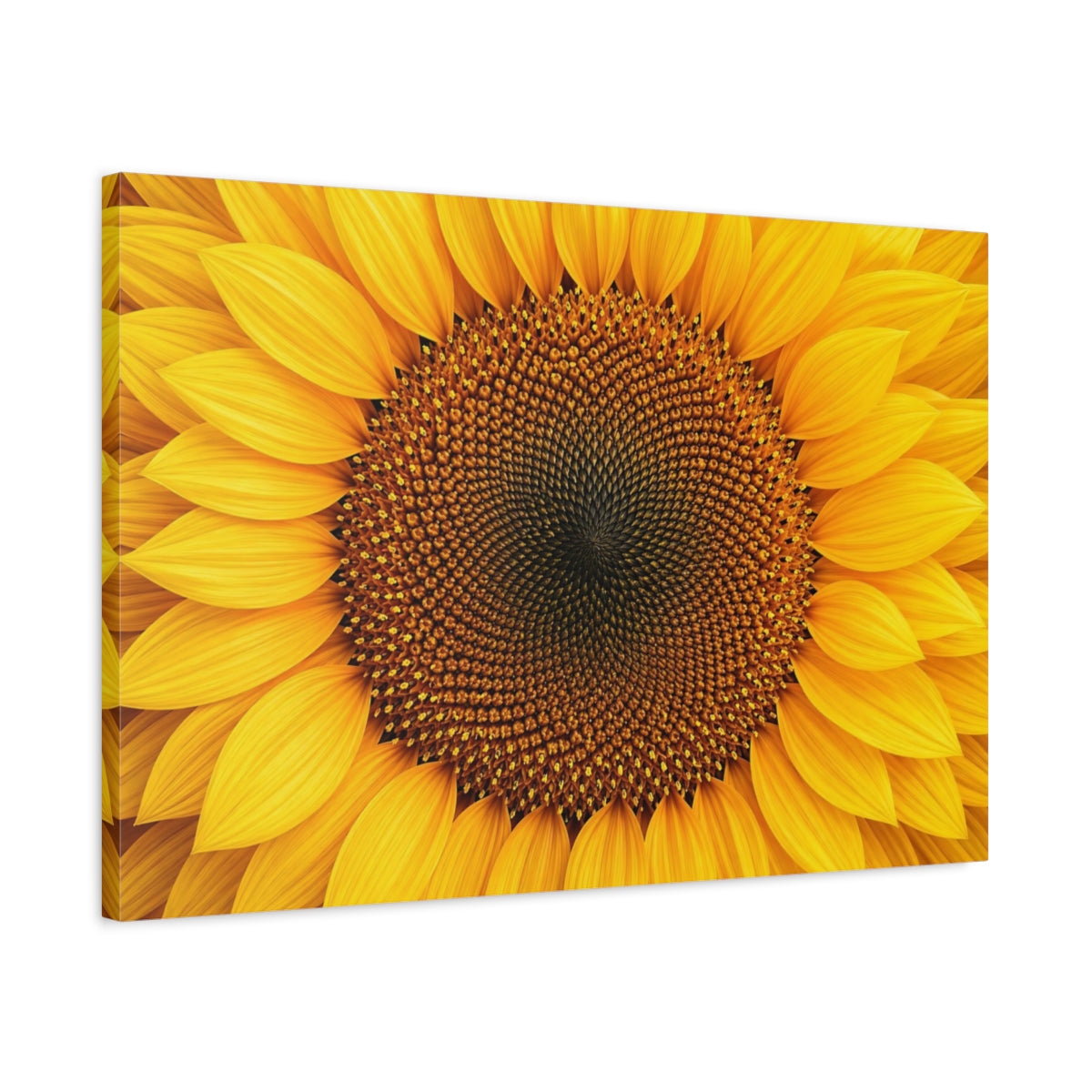 Side Mockup 2. Floral Sunflower Yellow And Brown shown as stretched canvas wall art