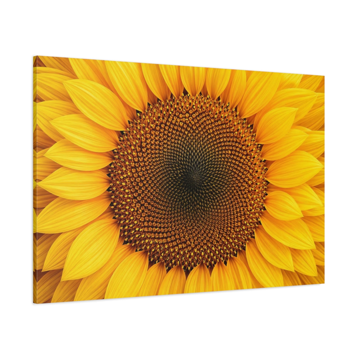 Side Mockup 1. Floral Sunflower Yellow And Brown shown as stretched canvas wall art