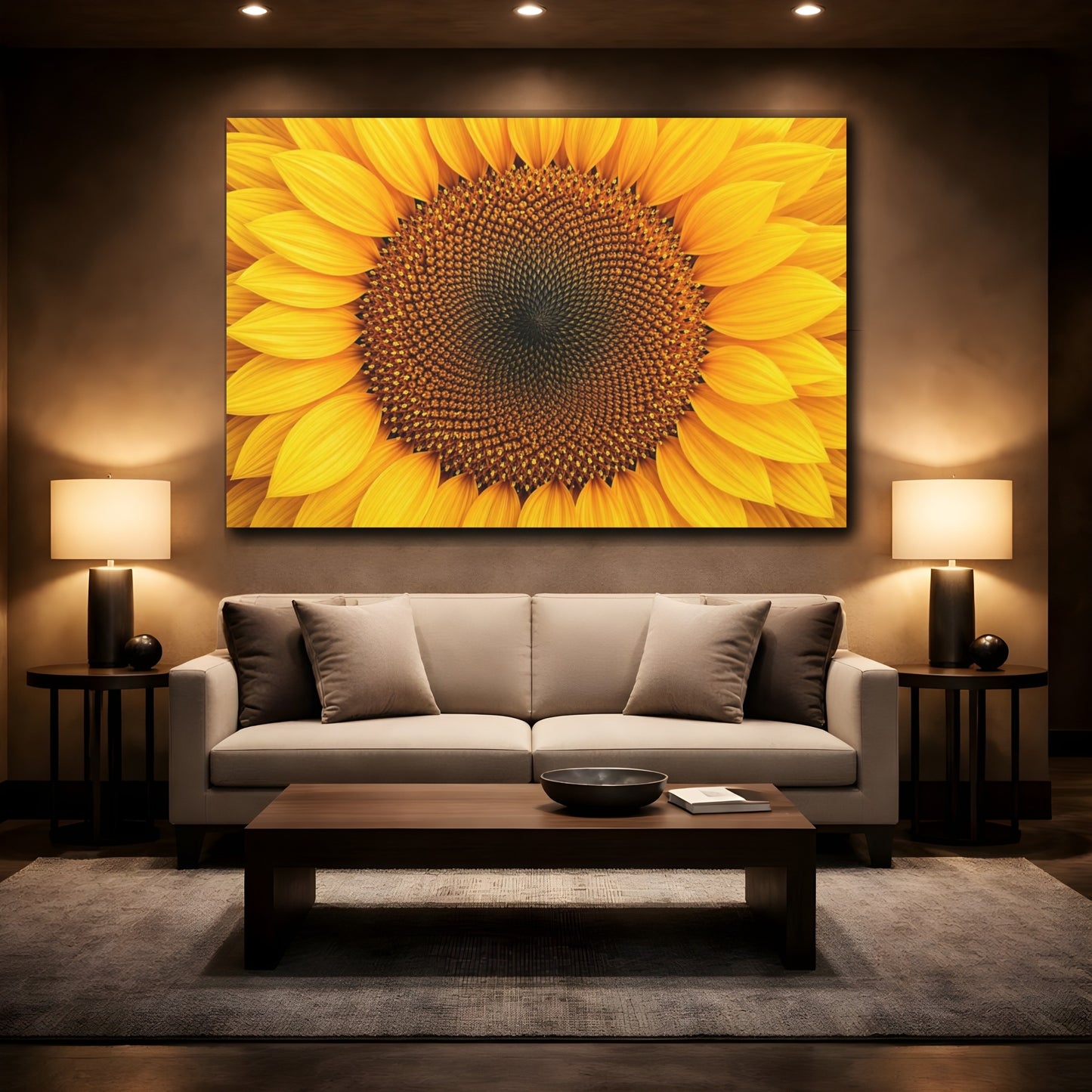 Mockup 2. Floral Sunflower Yellow And Brown shown as stretched canvas wall art
