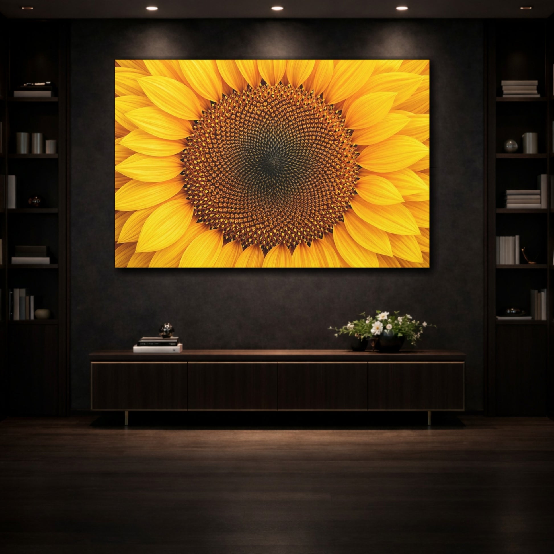 Mockup 3. Floral Sunflower Yellow And Brown shown as stretched canvas wall art