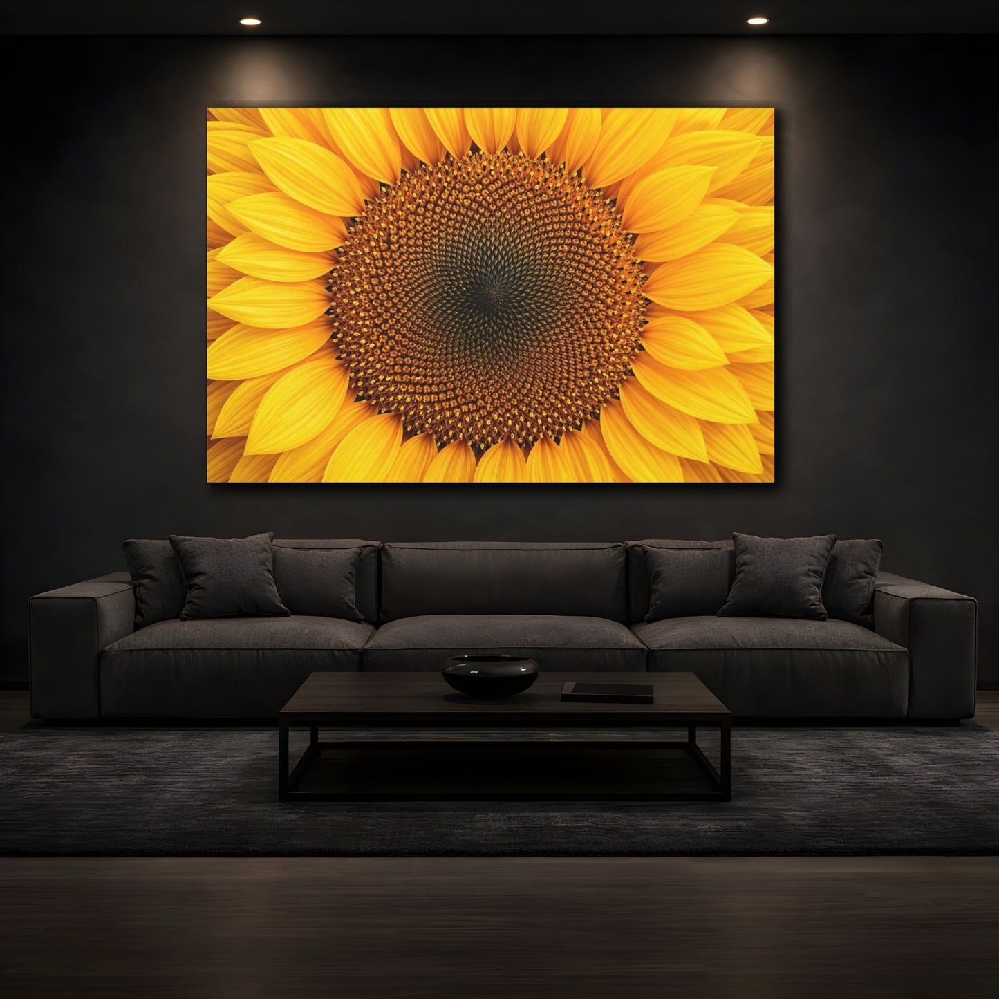 Mockup 4. Floral Sunflower Yellow And Brown shown as stretched canvas wall art