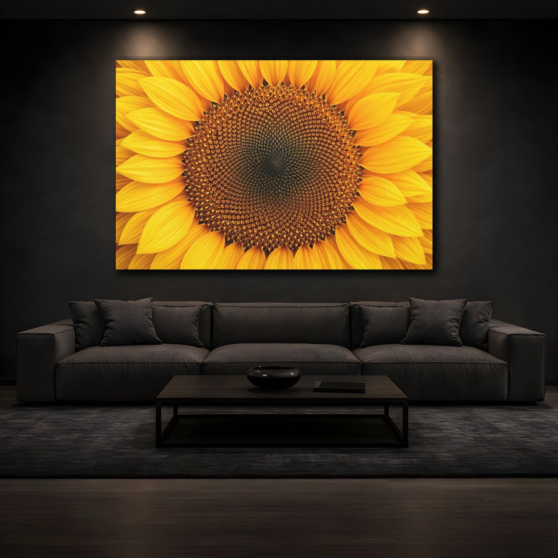 Mockup 4. Floral Sunflower Yellow And Brown shown as stretched canvas wall art