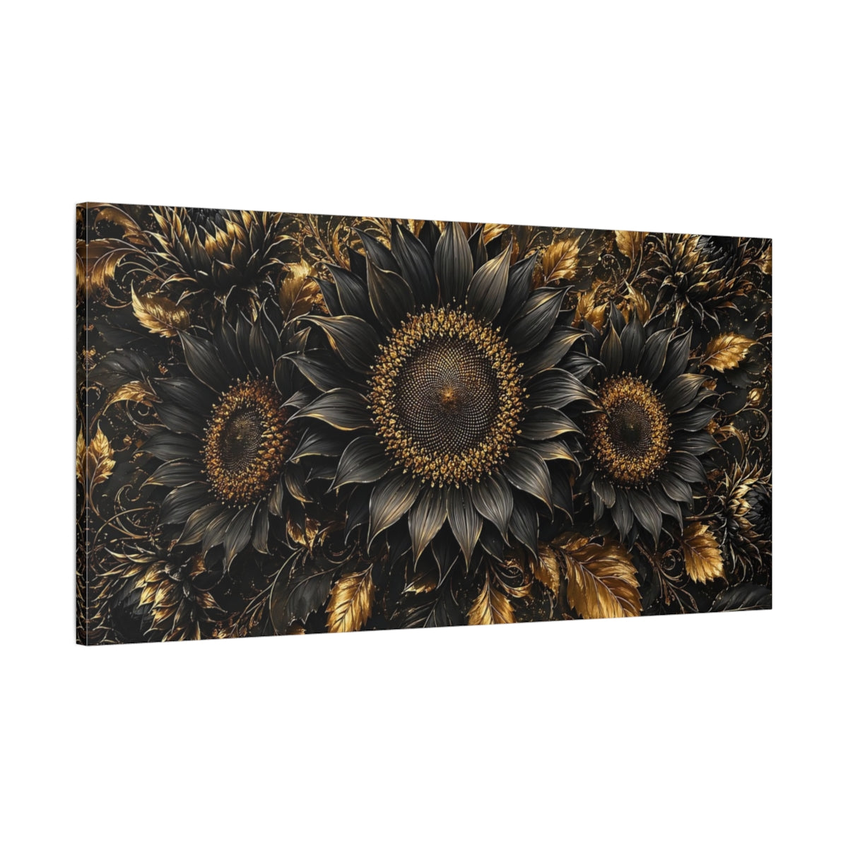 Main Mockup. Floral Sunflowers Black And Gold shown as stretched canvas wall art