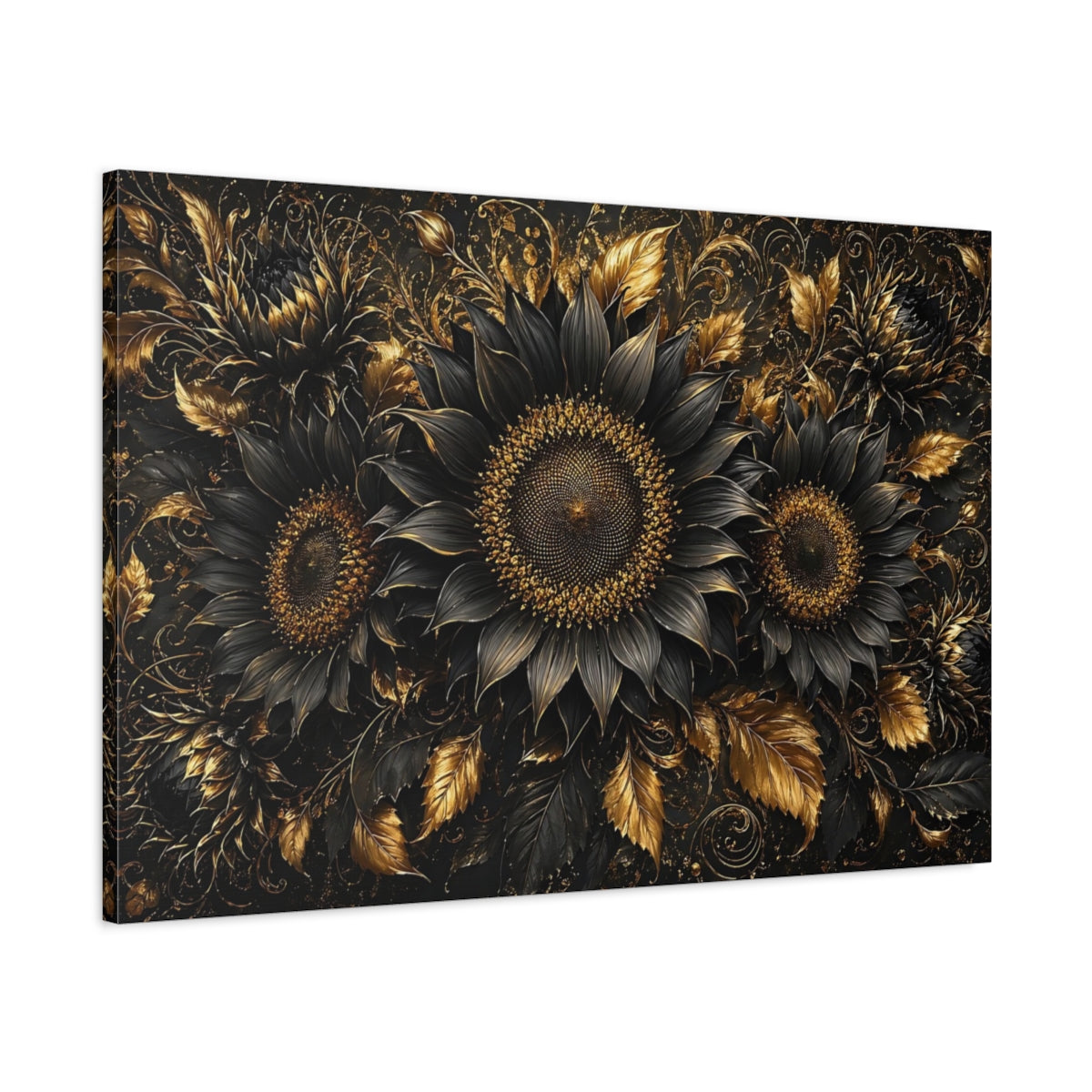 Main Mockup. Floral Sunflowers Black And Gold shown as stretched canvas wall art